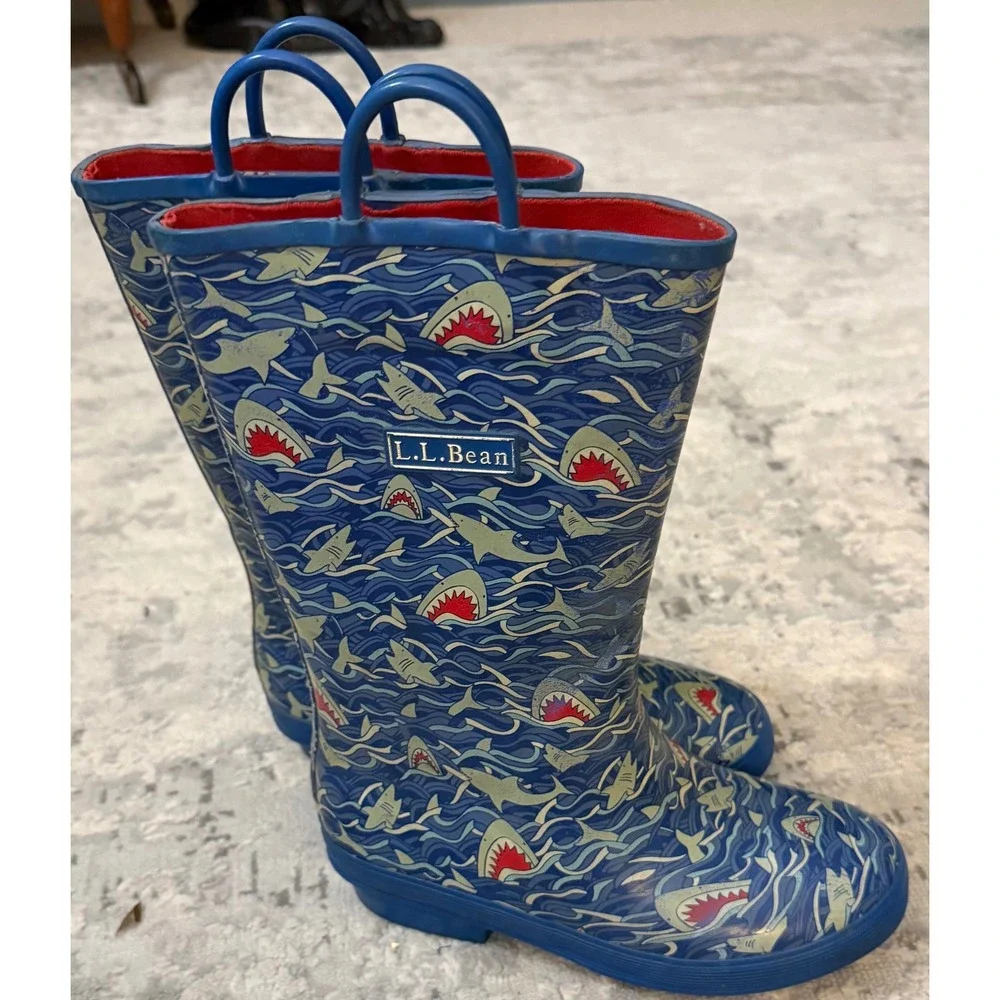 LL Bean Kids Shark Print Rain Boots Blue Rubber Pull On Waterproof Size 3